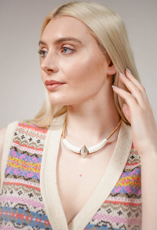 Cork Necklace with Brass Pendant in Silver Coloured