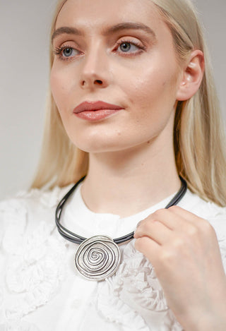 PVC Three Row Necklace with Swirl Zamak Pendant in Black