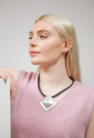 PVC Three Row Necklace with Square Zamak Pendant in Black