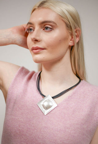 PVC Three Row Necklace with Square Zamak Pendant in Black