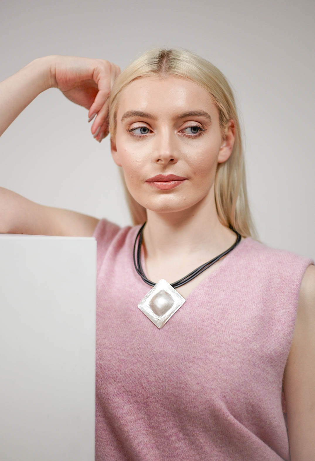 PVC Three Row Necklace with Square Zamak Pendant in Black