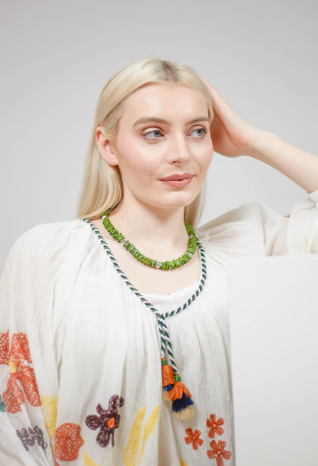 Snail Beaded Ceramics Necklace in Antique Green
