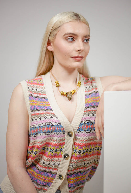Cork Necklace with Yellow Speckled Beading in Khaki