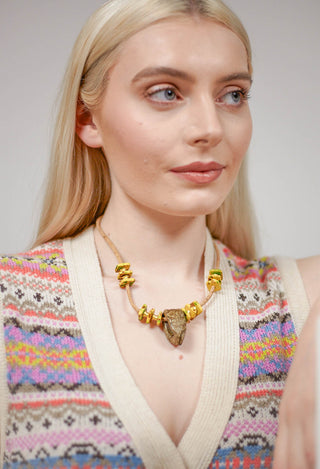 Cork Necklace with Yellow Speckled Beading in Khaki