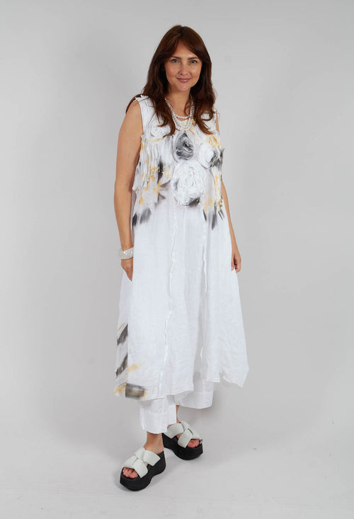 3D Flower and Print Dress in White