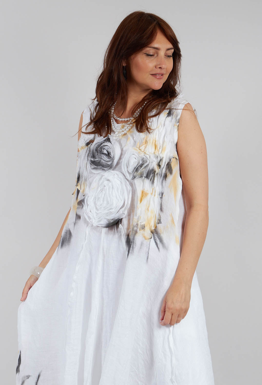 3D Flower and Print Dress in White