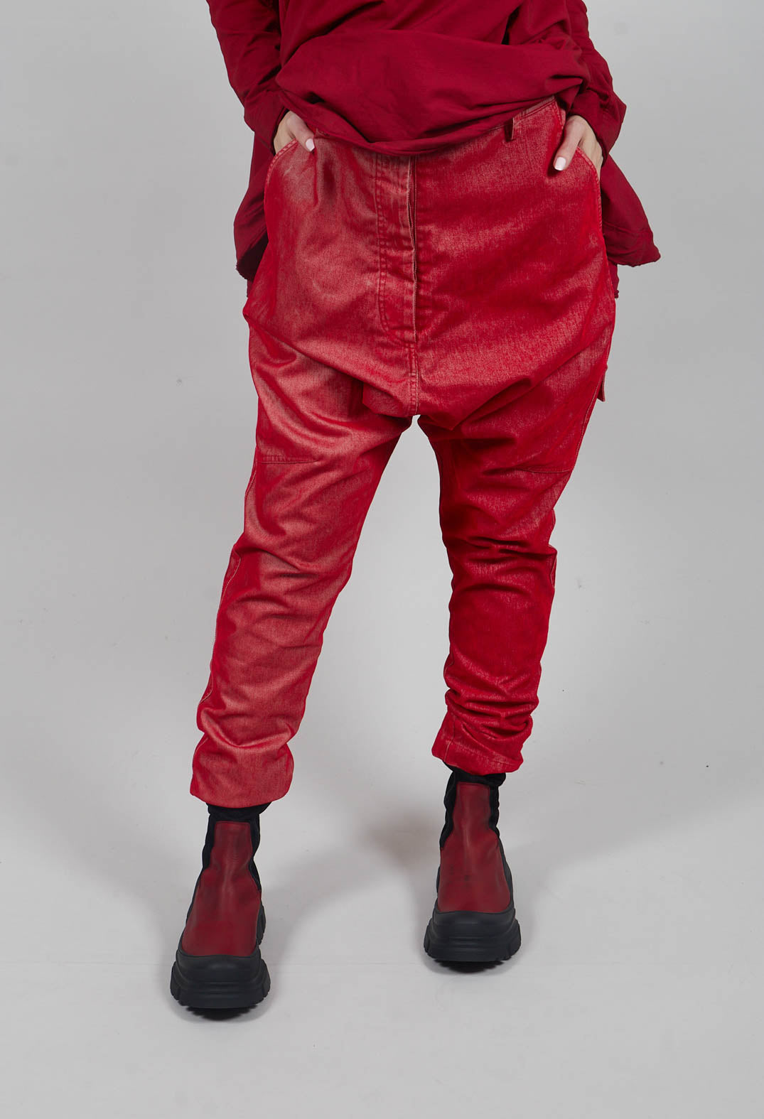 Low Rise Drop Crotch Trousers in Cardinal Flock