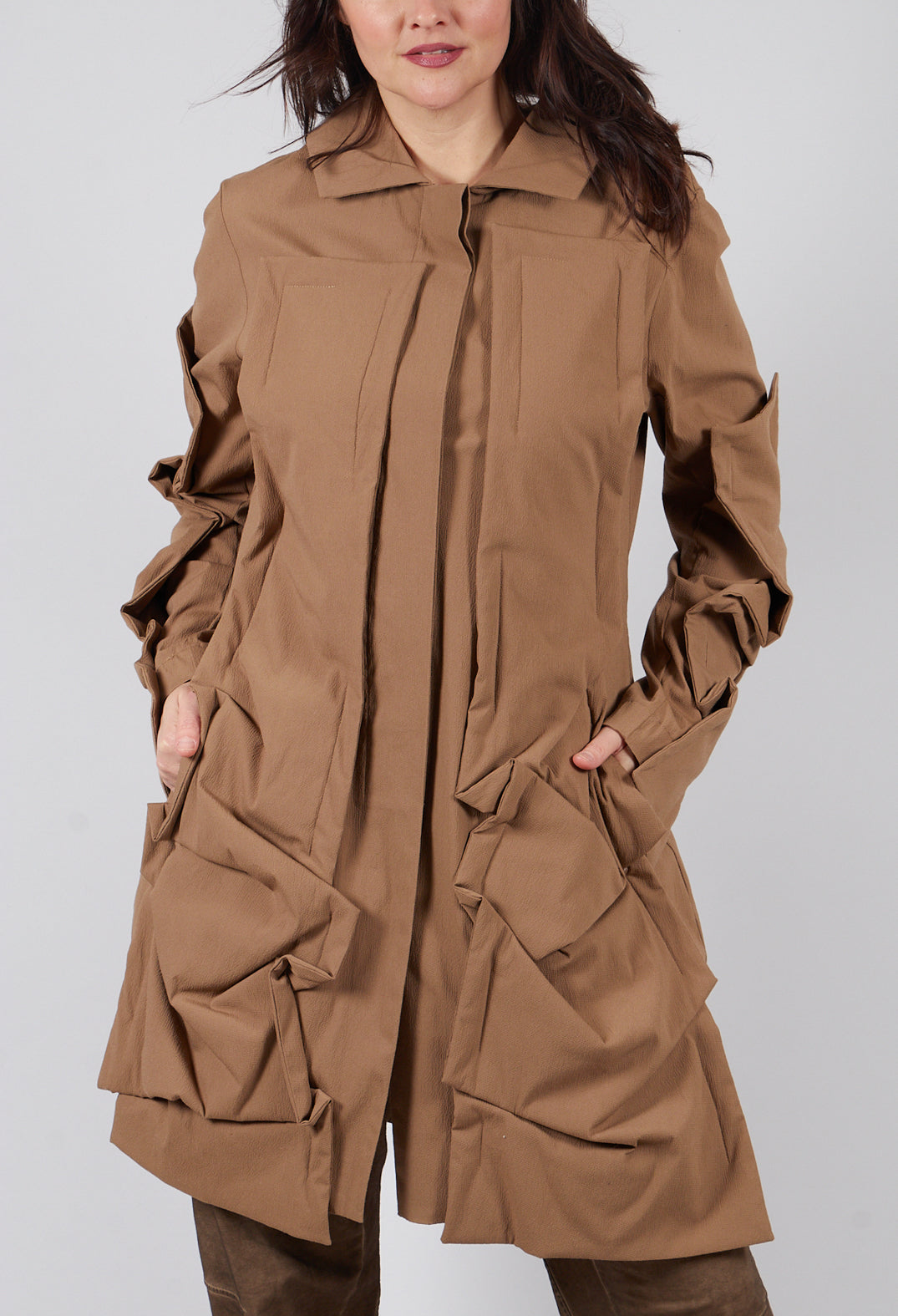 Longline Ruched Coat in Camel