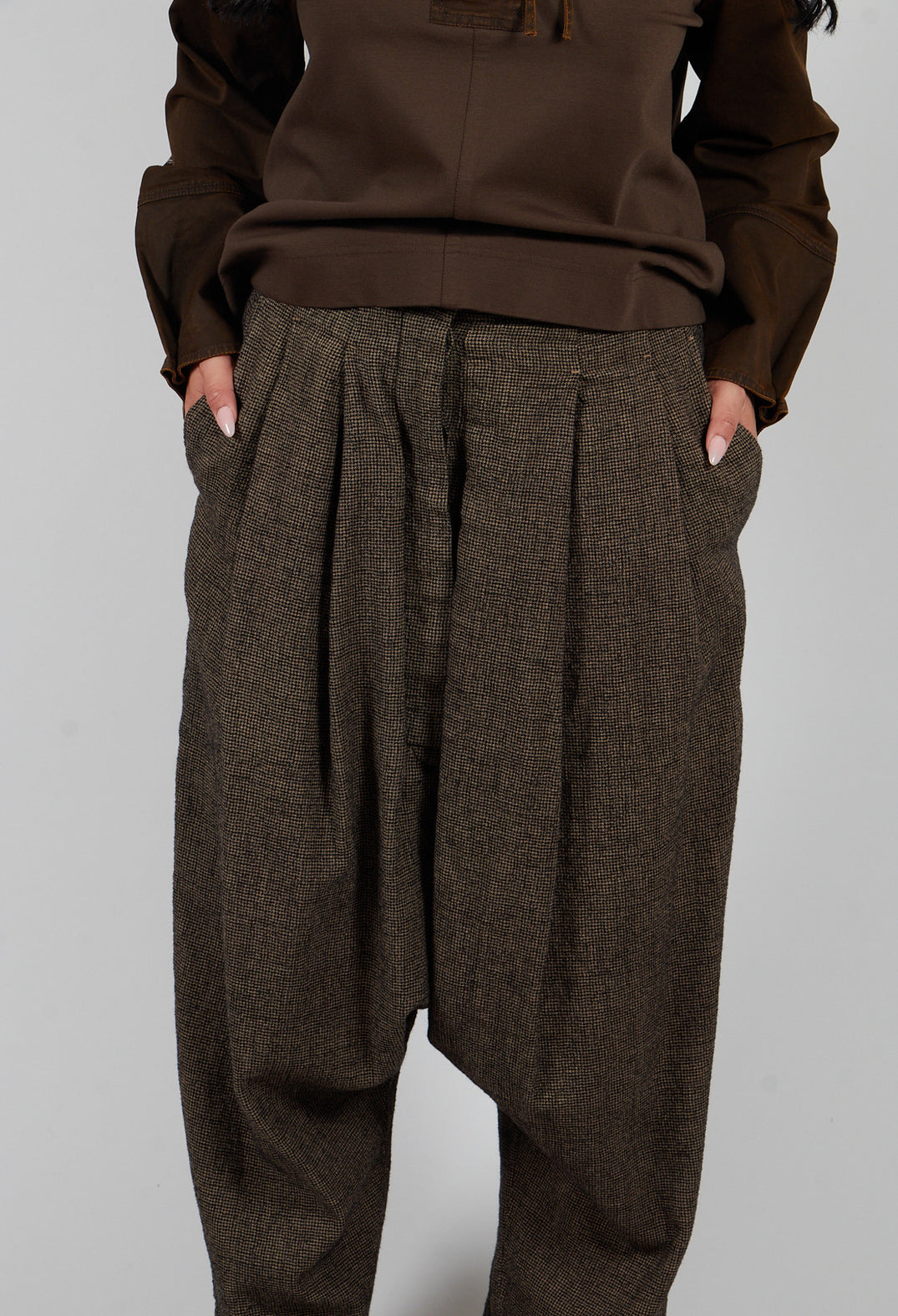 Relaxed Drop Crotch Trousers in Camel Check