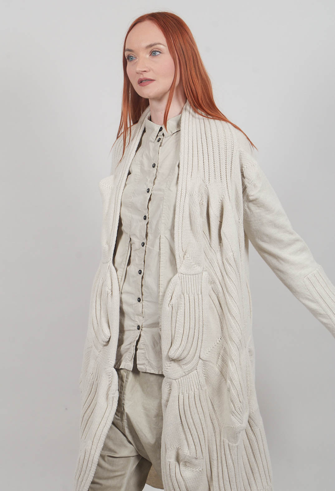 Long Ribbed Cardigan in Bone Mel
