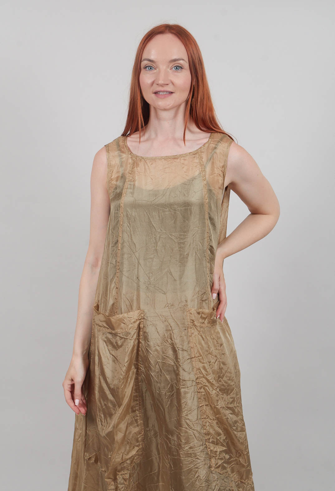 Sheer Sleeveless Dress in Camel Cloud