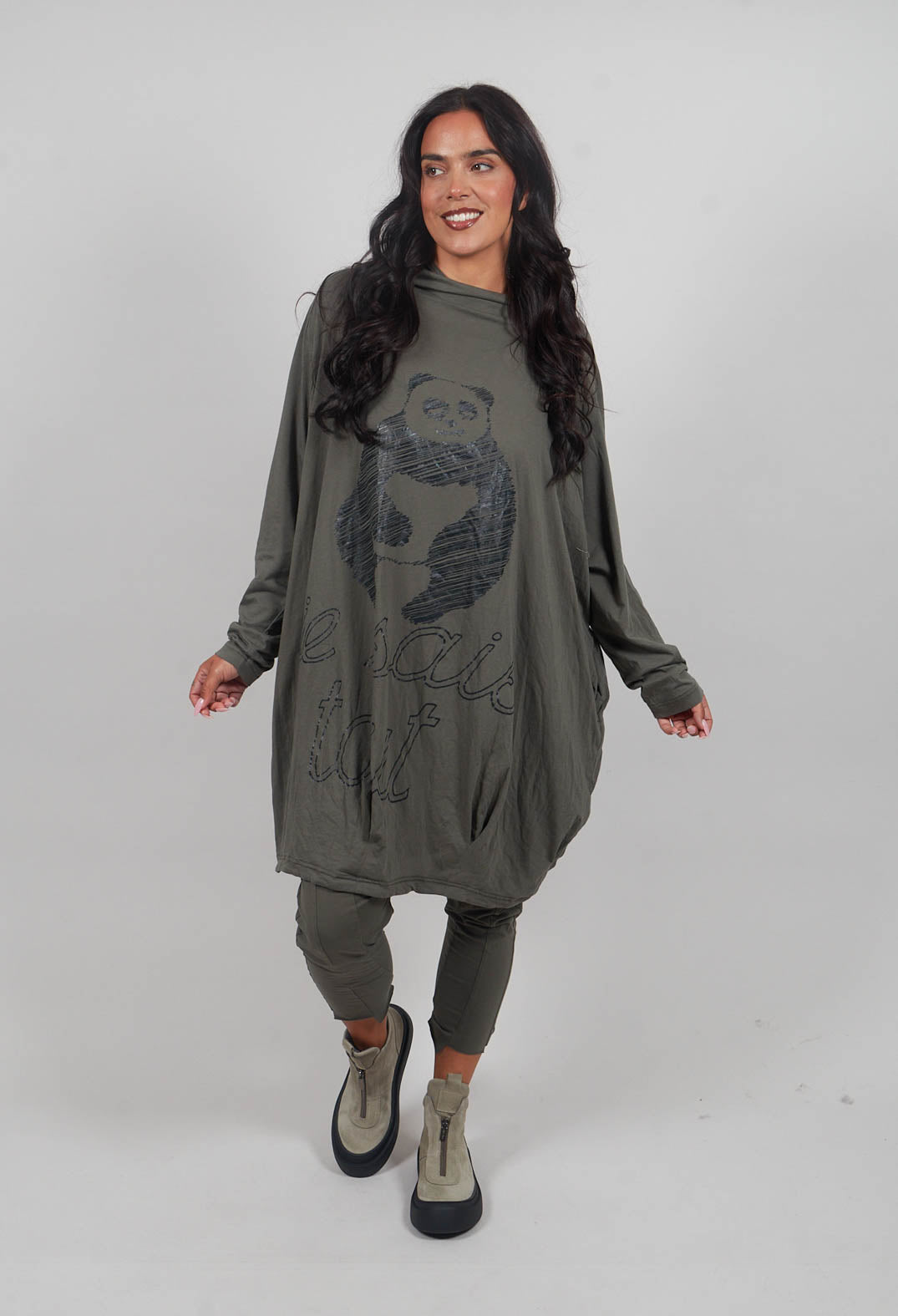 Drop Crotch Trousers with Exposed Seams in Camp