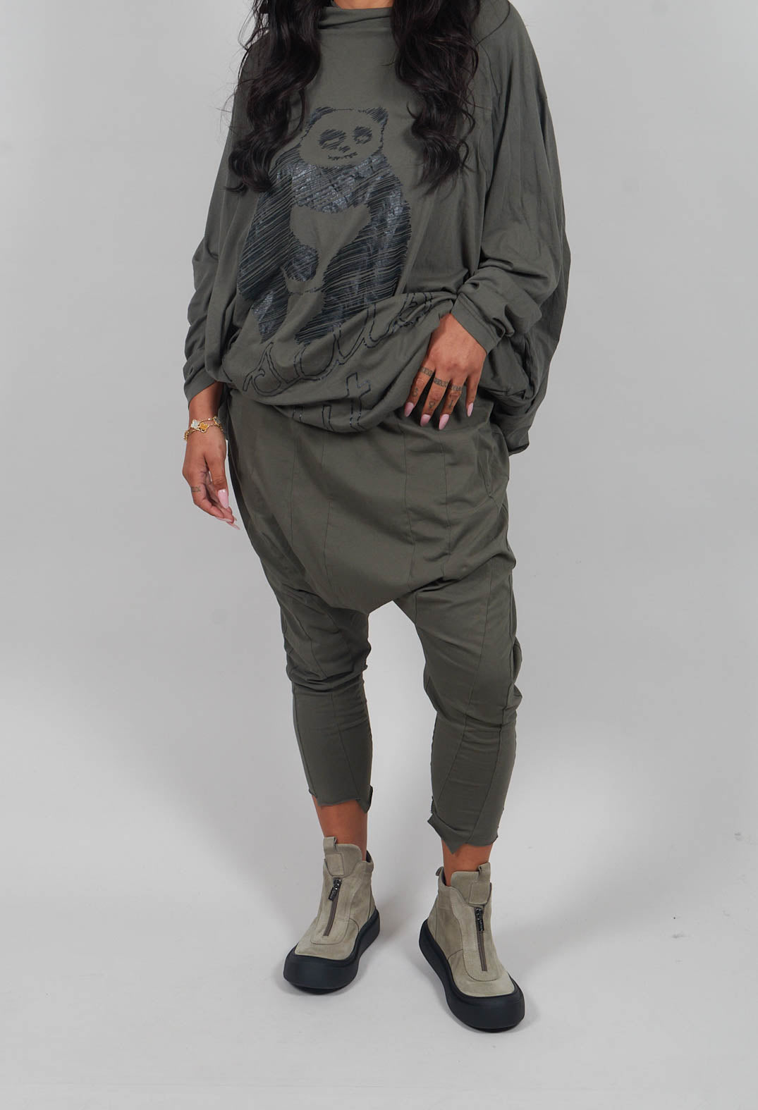 Drop Crotch Trousers with Exposed Seams in Camp