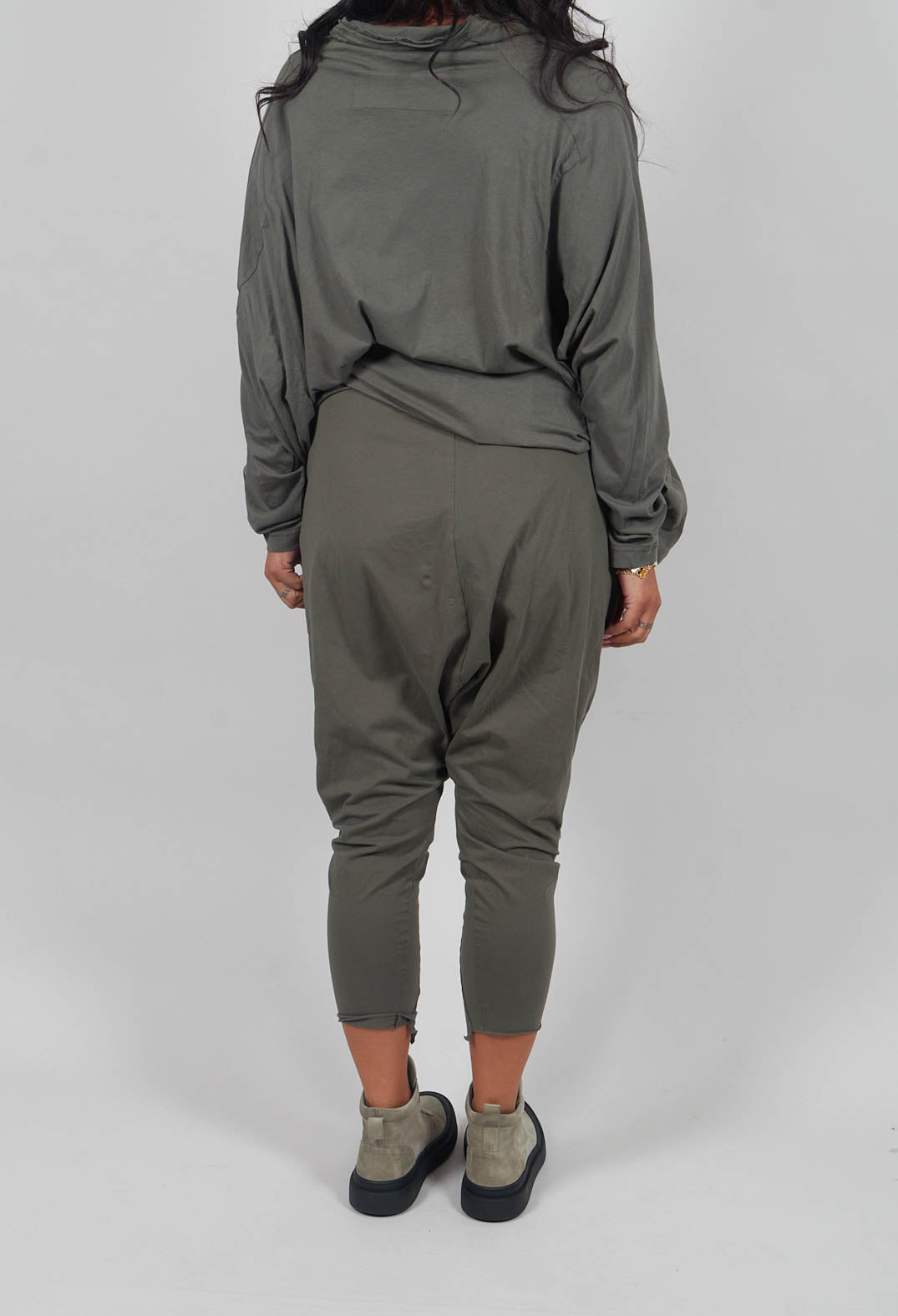 Drop Crotch Trousers with Exposed Seams in Camp
