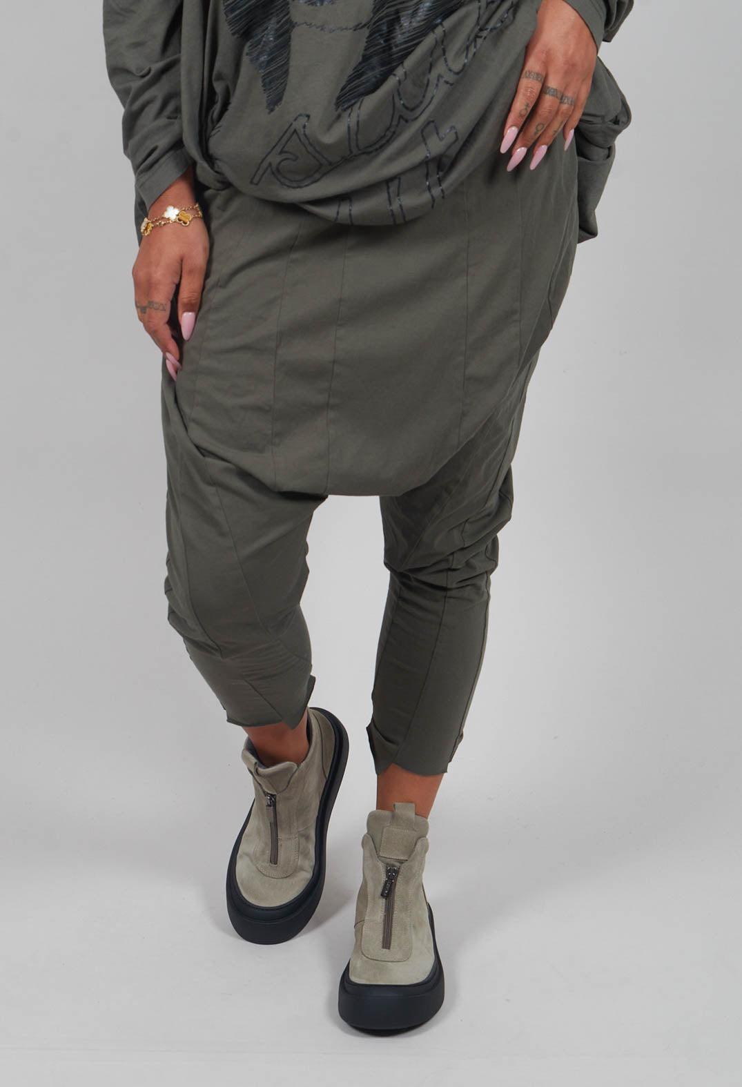 Drop Crotch Trousers with Exposed Seams in Camp