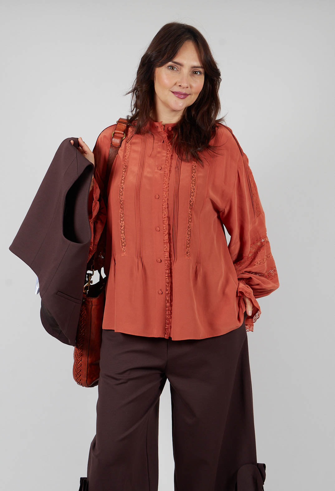 Washed Silk Blend Shirt with Lace in Caramel