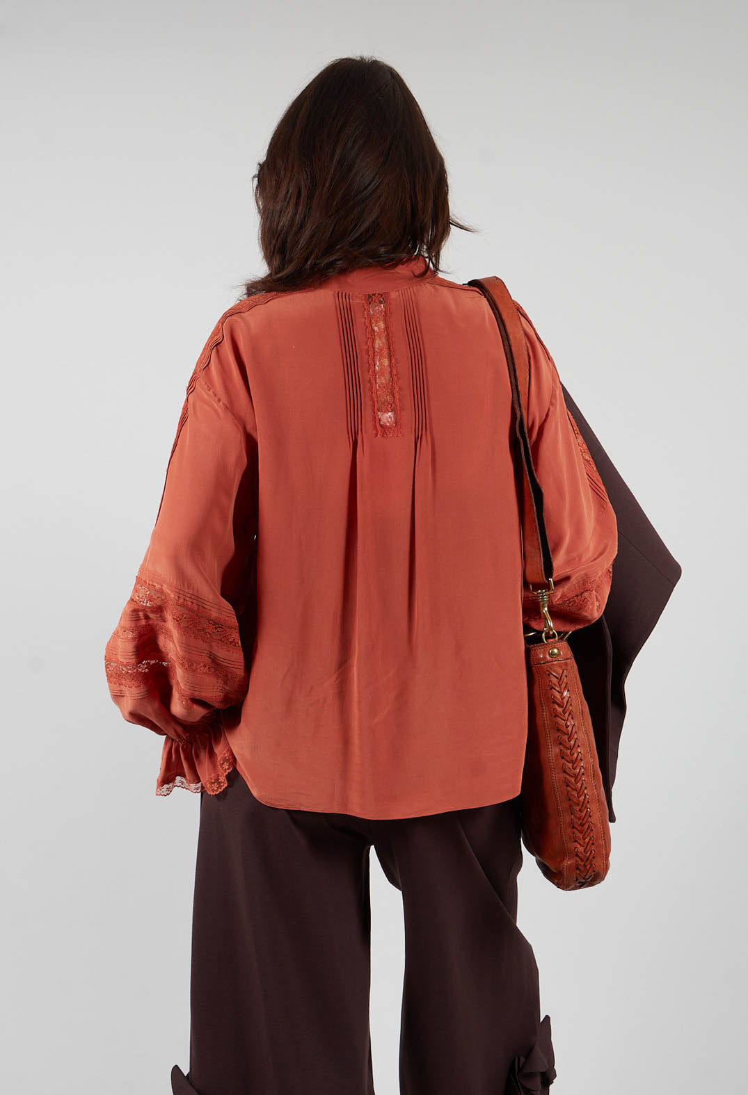 Washed Silk Blend Shirt with Lace in Caramel