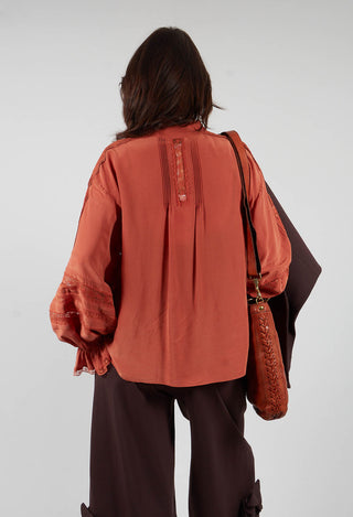 Washed Silk Blend Shirt with Lace in Caramel