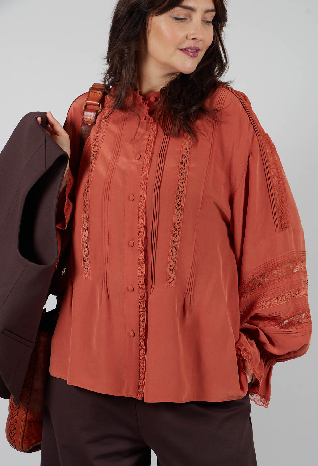 Washed Silk Blend Shirt with Lace in Caramel