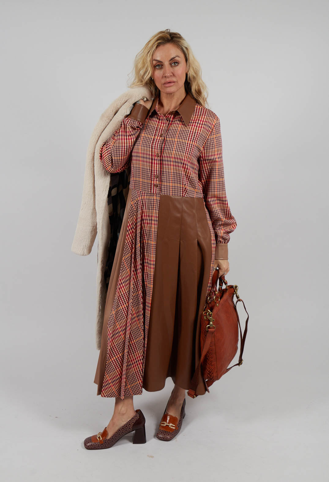 Chemisier Dress with Patchwork in Caramel