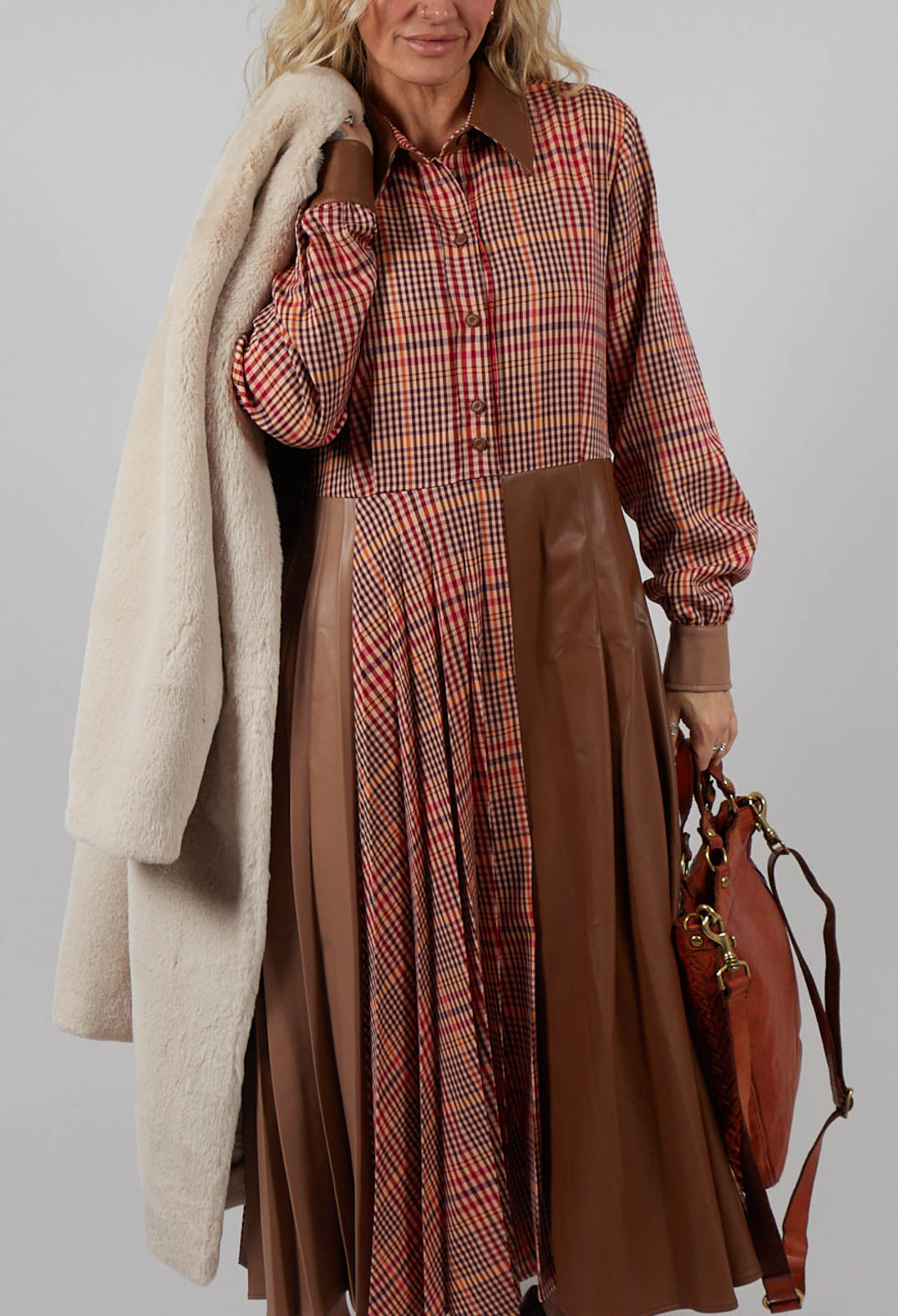 Chemisier Dress with Patchwork in Caramel