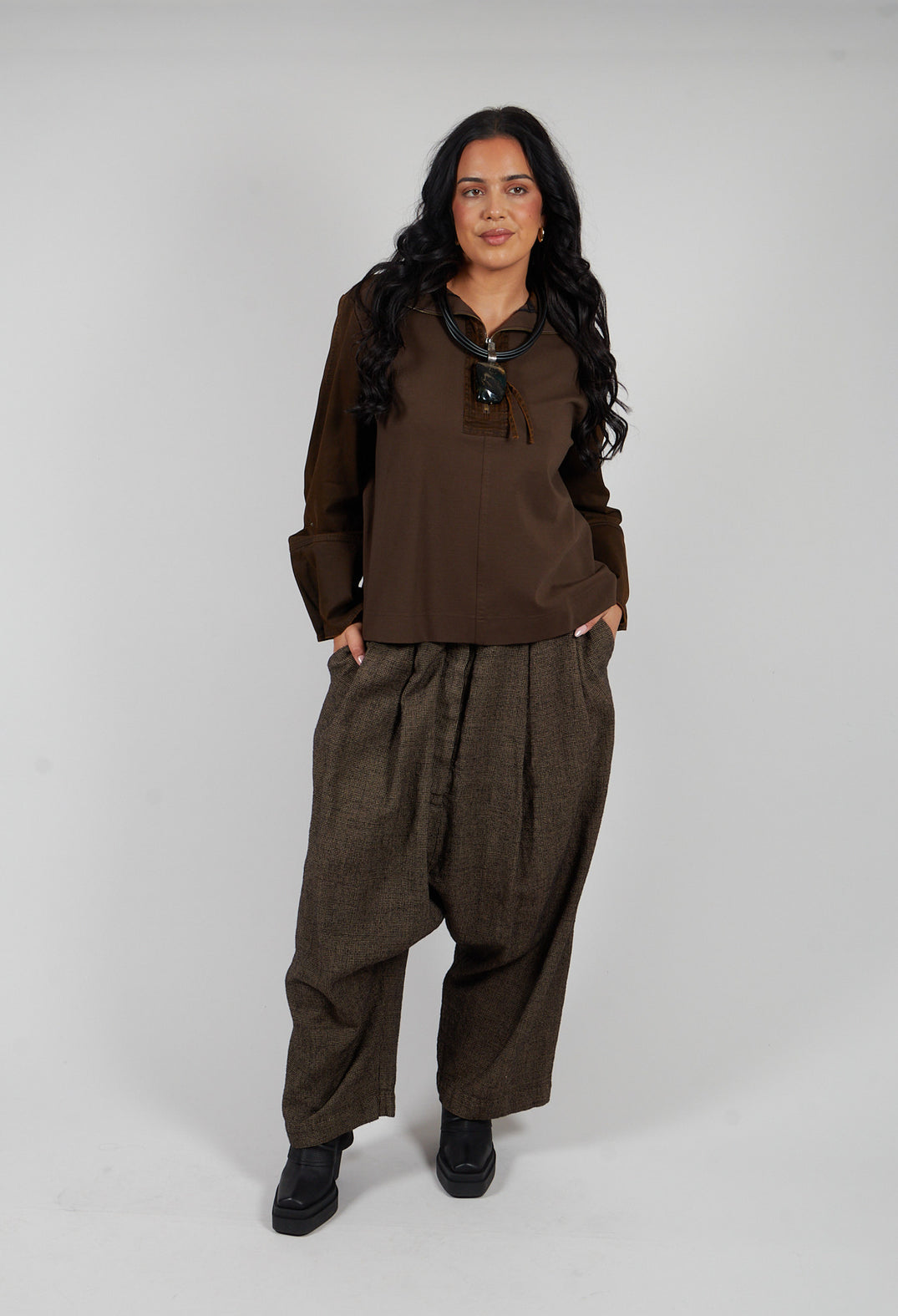 Relaxed Drop Crotch Trousers in Camel Check