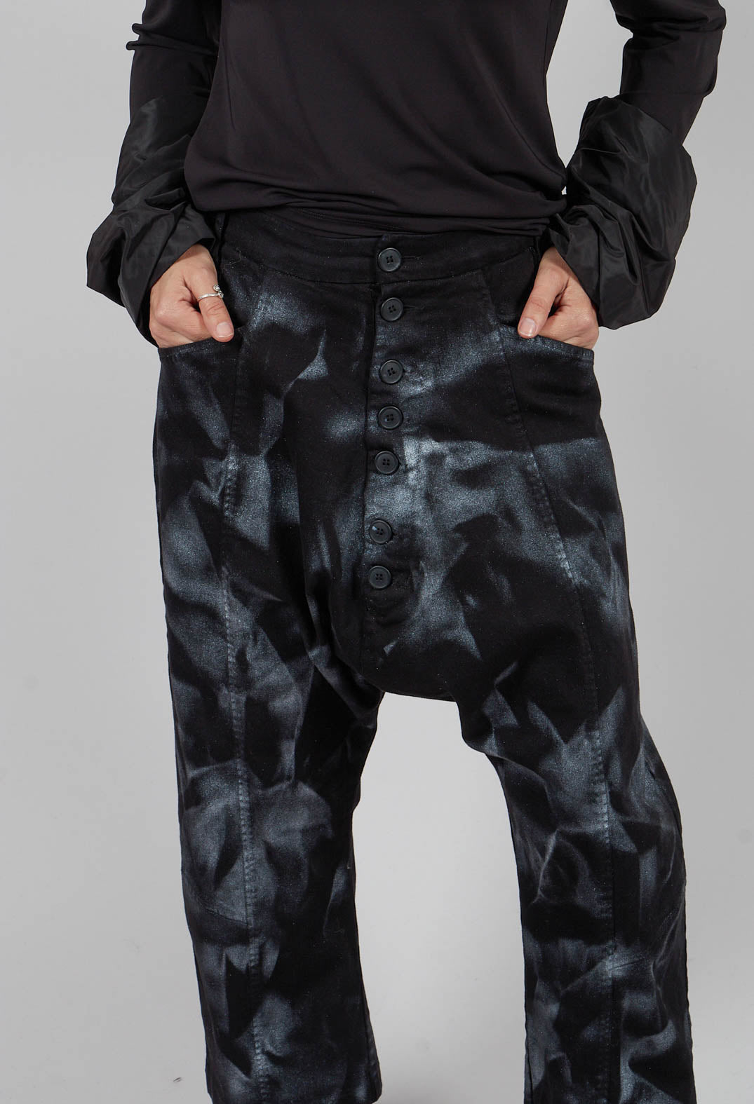 Stretch Denim Balloon Trousers in Black with Silver Finish
