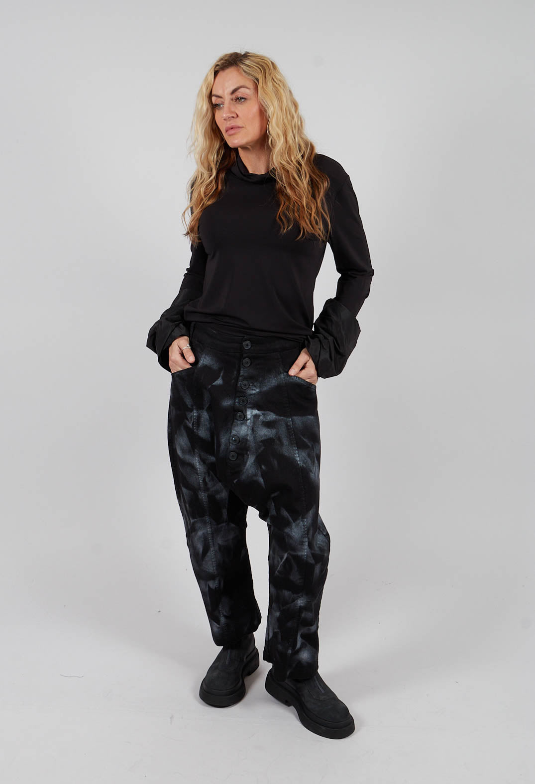 Stretch Denim Balloon Trousers in Black with Silver Finish