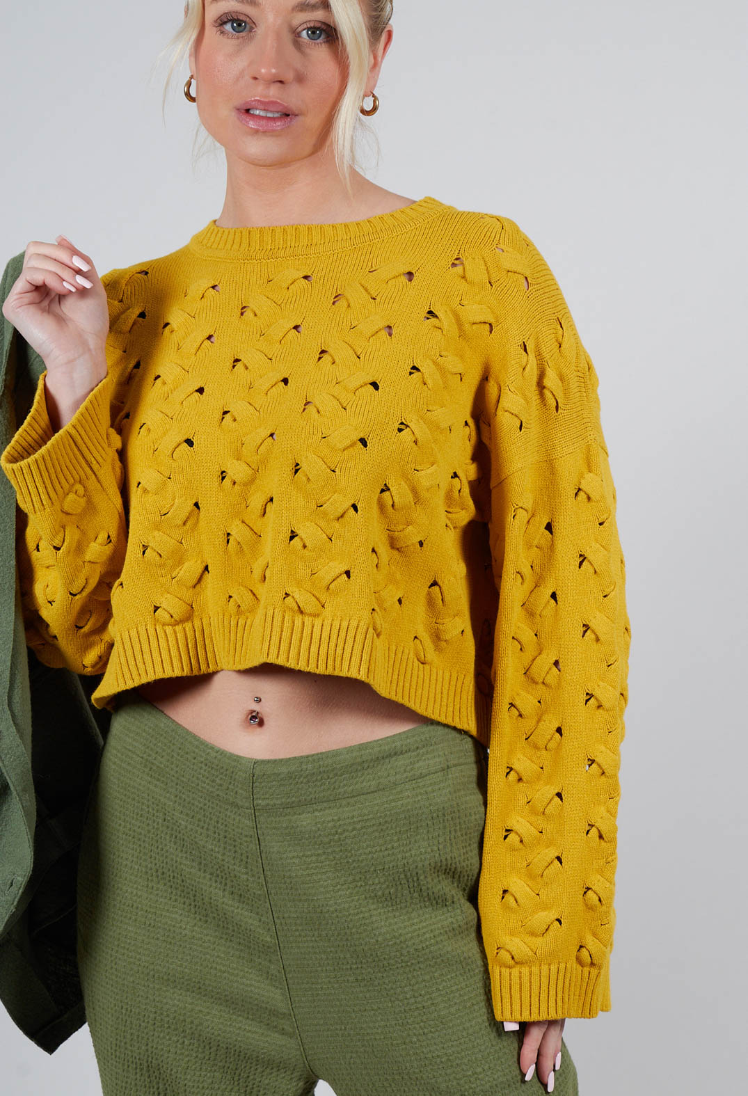 Cable Knit Cropped Sweater in Yellow