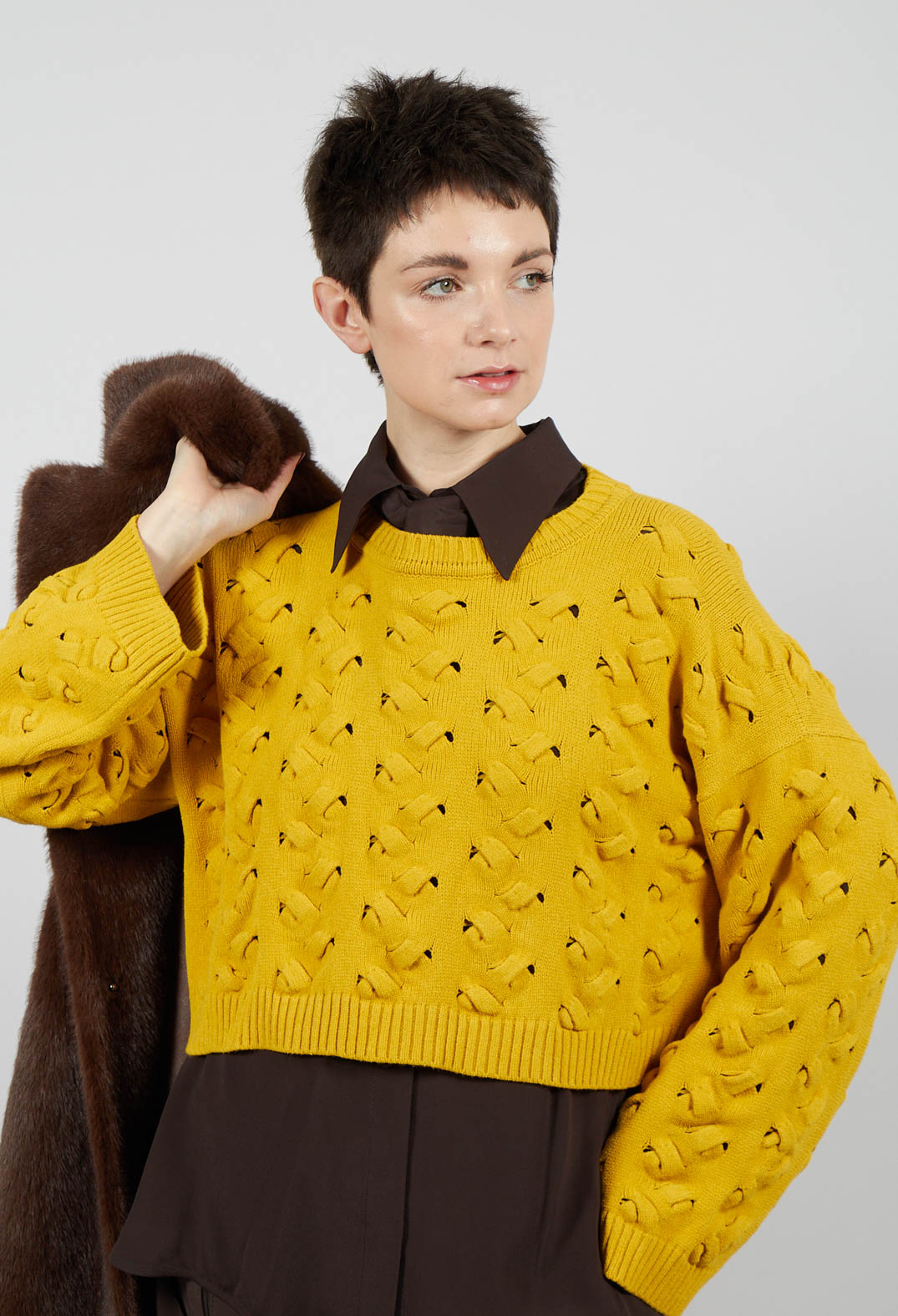 Cable Knit Cropped Sweater in Yellow