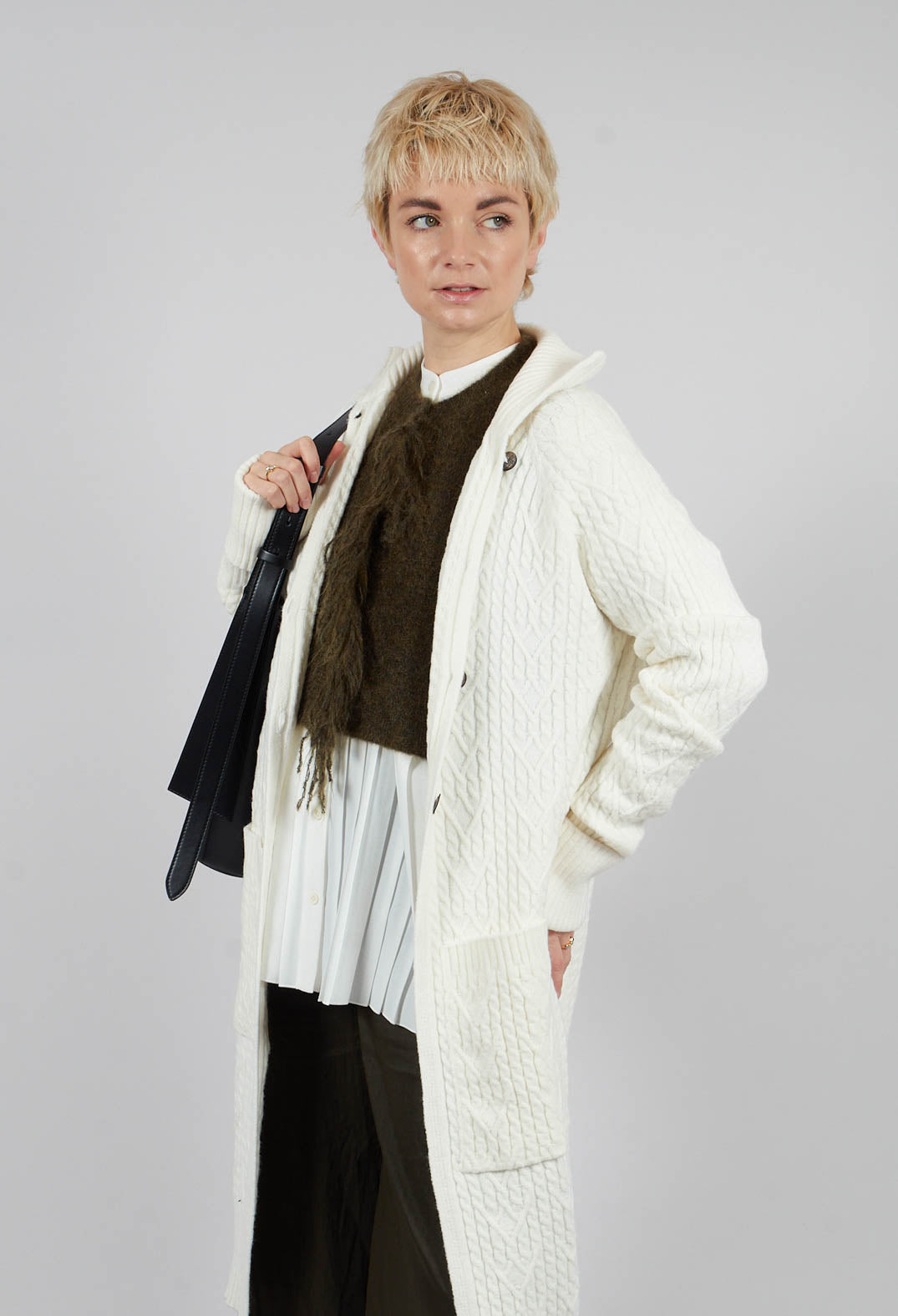 Cable Knit Long Cardigan in Off White