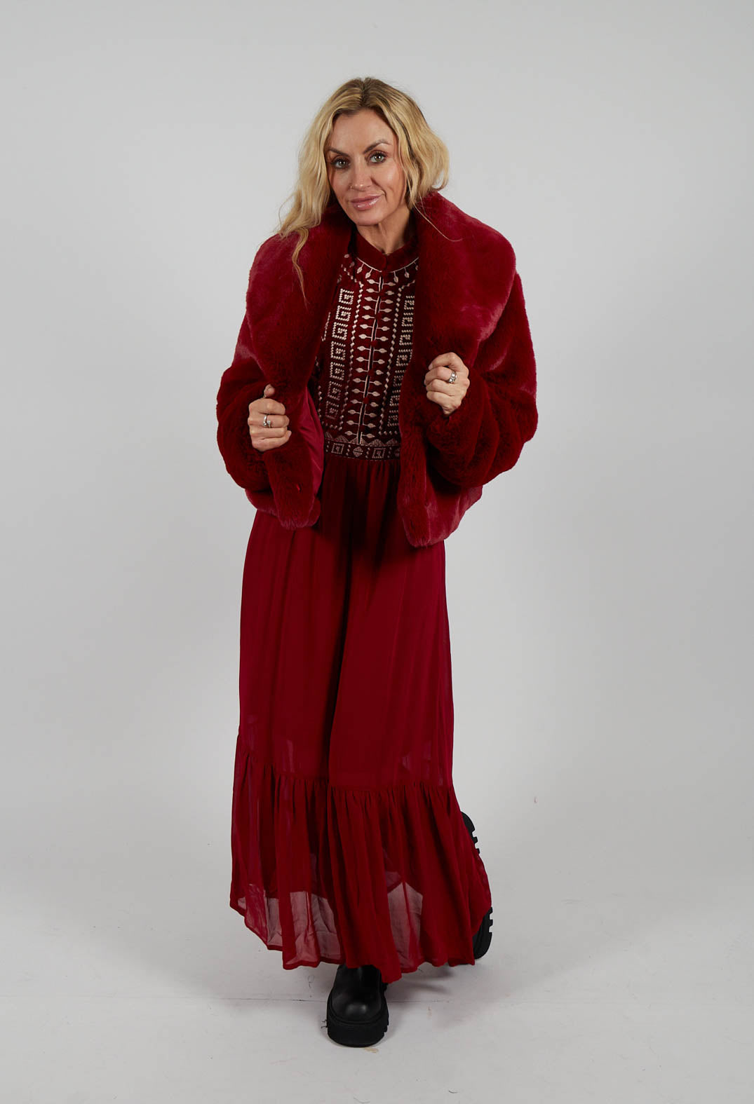 Stitch Detail Dress in Rouge