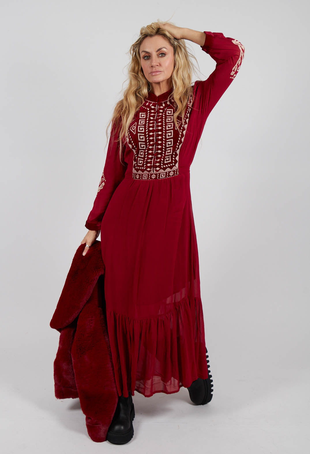 Stitch Detail Dress in Rouge