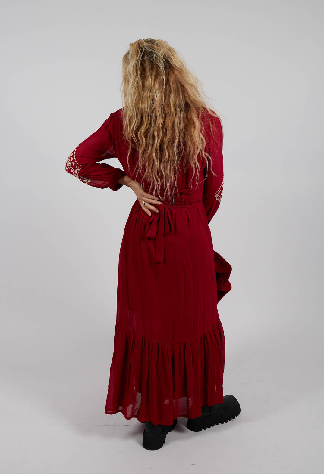 Stitch Detail Dress in Rouge