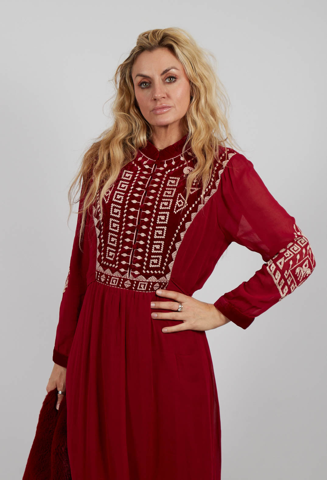 Stitch Detail Dress in Rouge