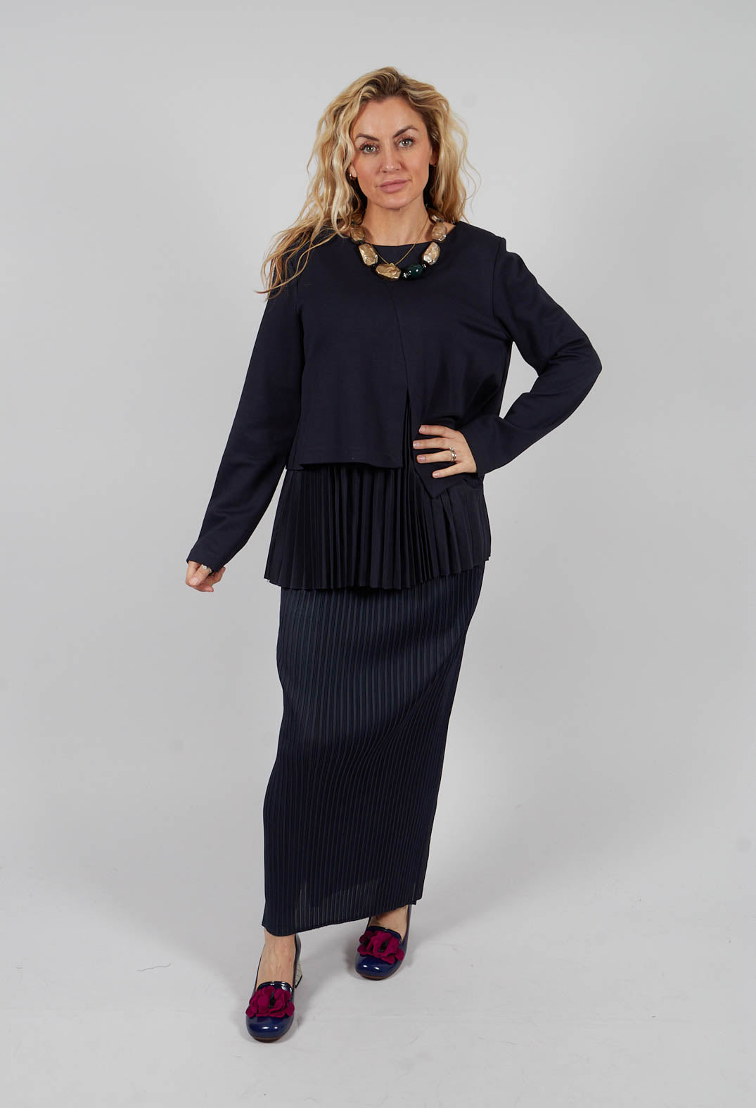 Pleated Top with Overlay in Blue Nights