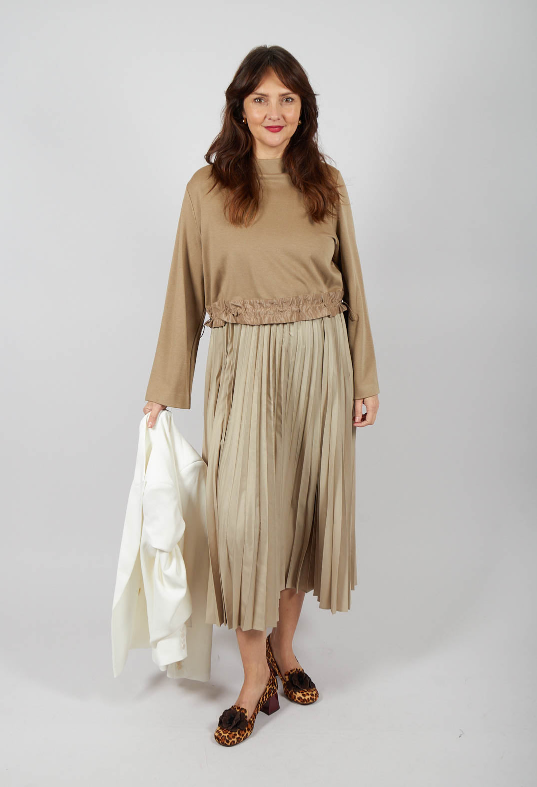 Pleated Dress with Overlay Top in Camel