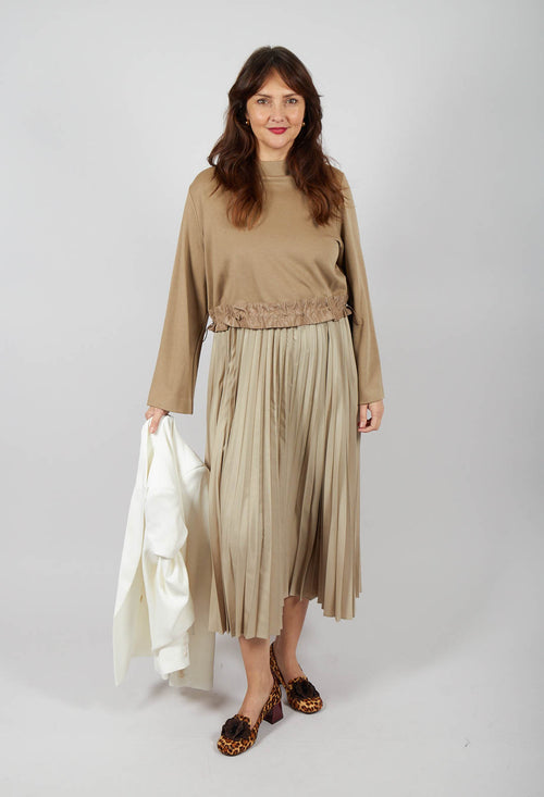 Pleated Dress with Overlay Top in Camel