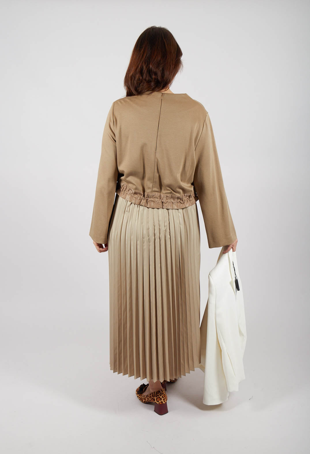 Pleated Dress with Overlay Top in Camel