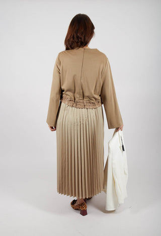 Pleated Dress with Overlay Top in Camel