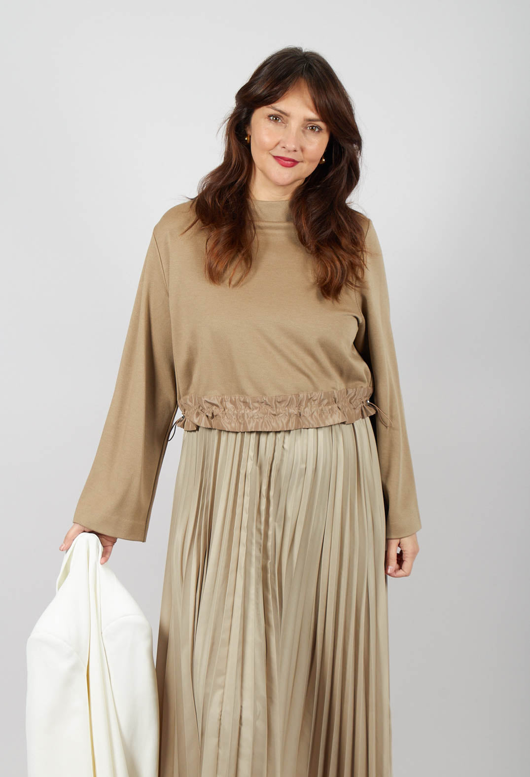 Pleated Dress with Overlay Top in Camel