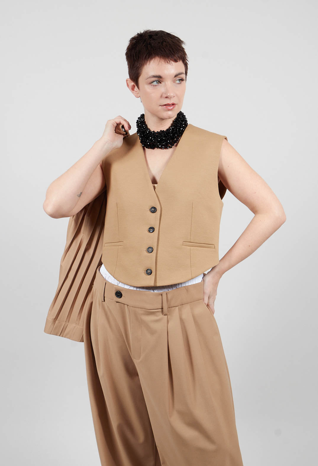 Mei Meij Cropped Waistcoat in Camel | Olivia May