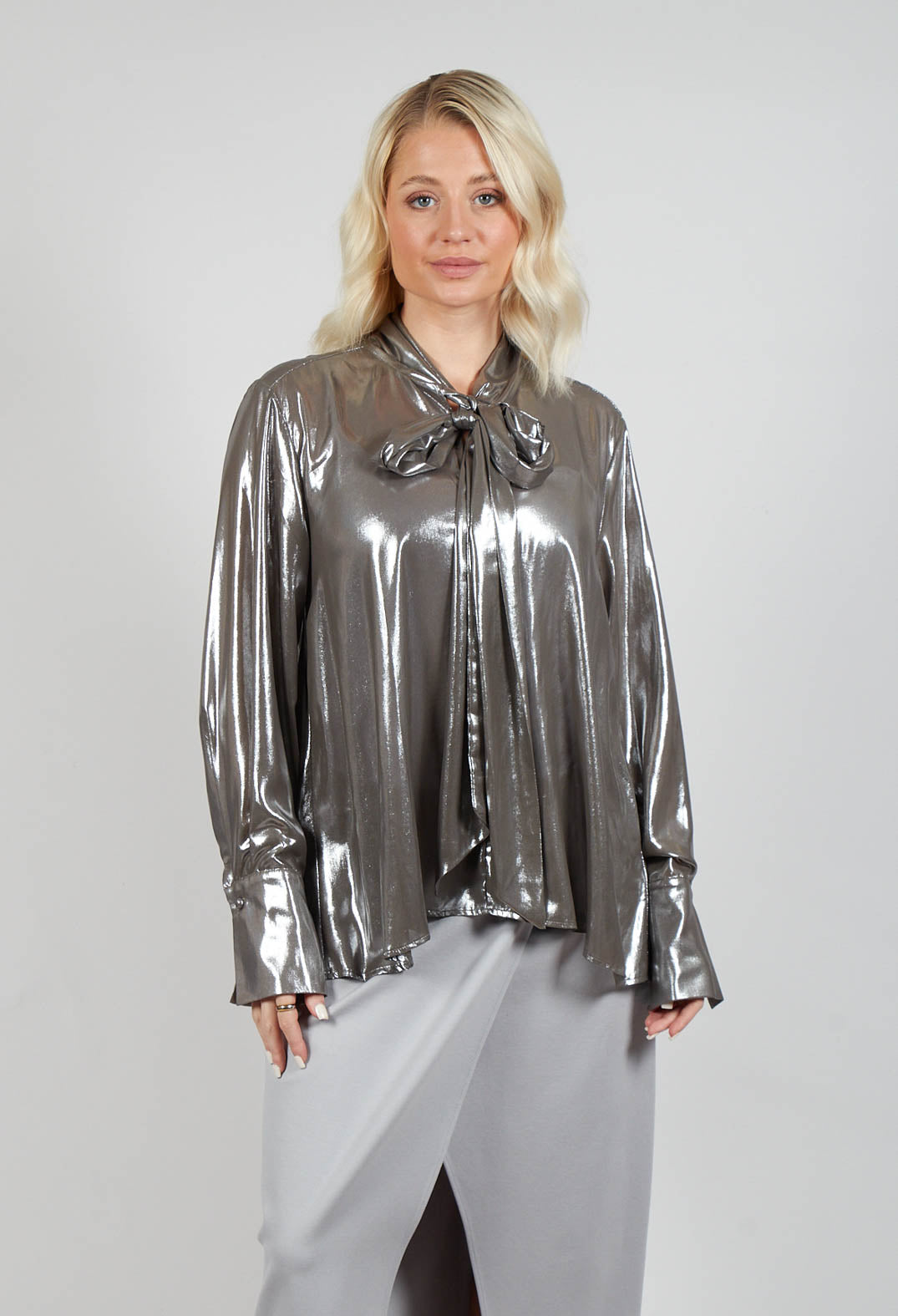 Metallic Shirt with Neck Tie in Silver