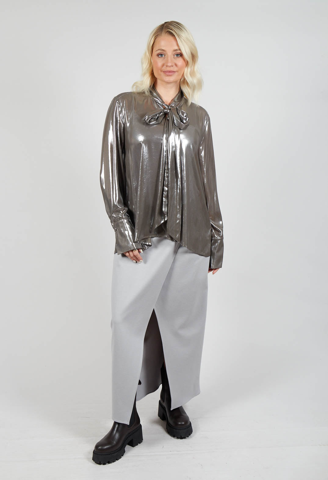 Metallic Shirt with Neck Tie in Silver