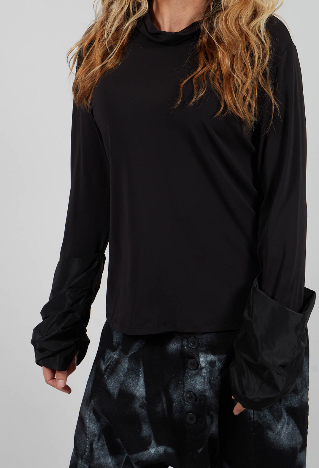 Jersey High Neck Top with Feature Sleeves in Nero