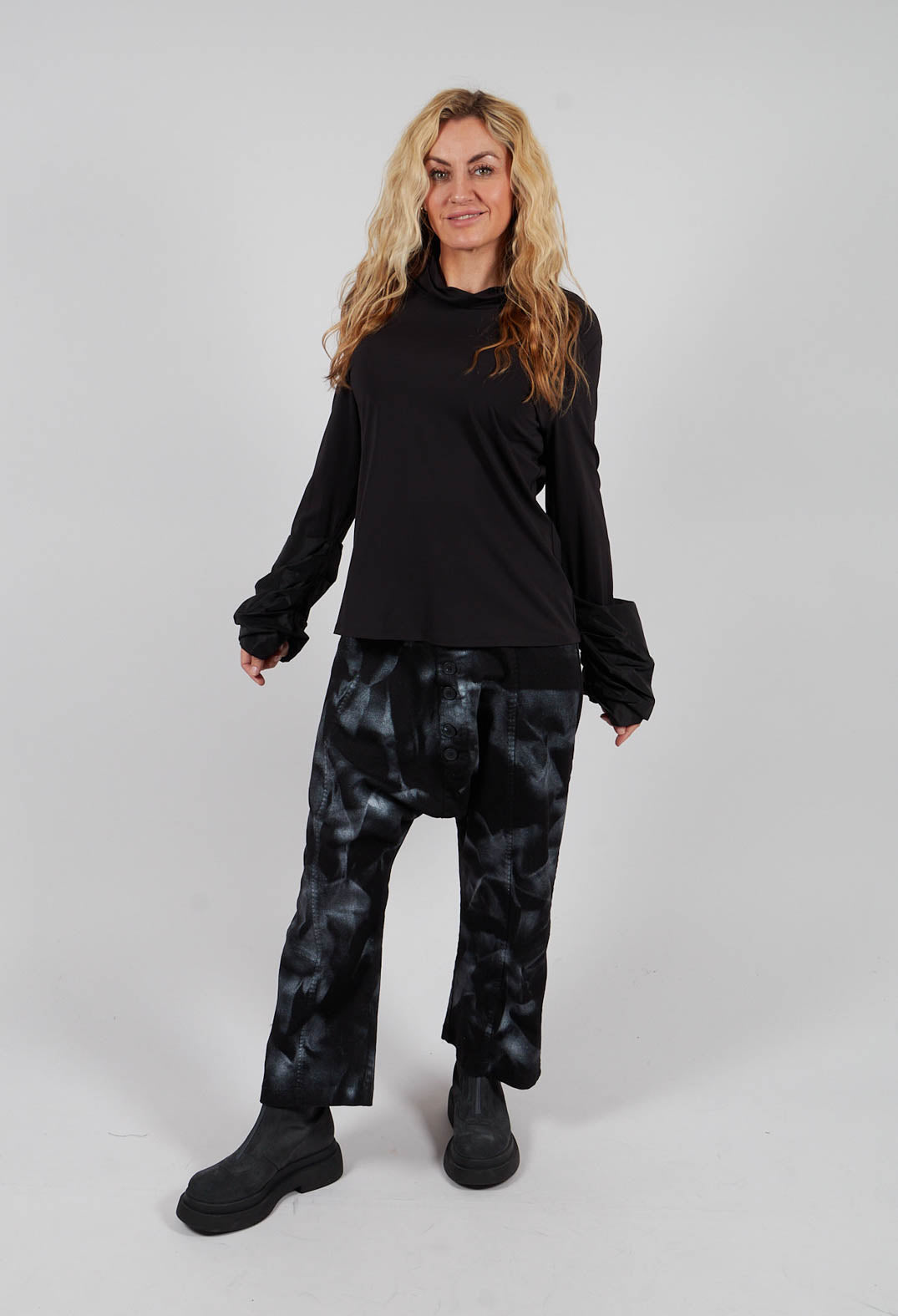 Jersey High Neck Top with Feature Sleeves in Nero