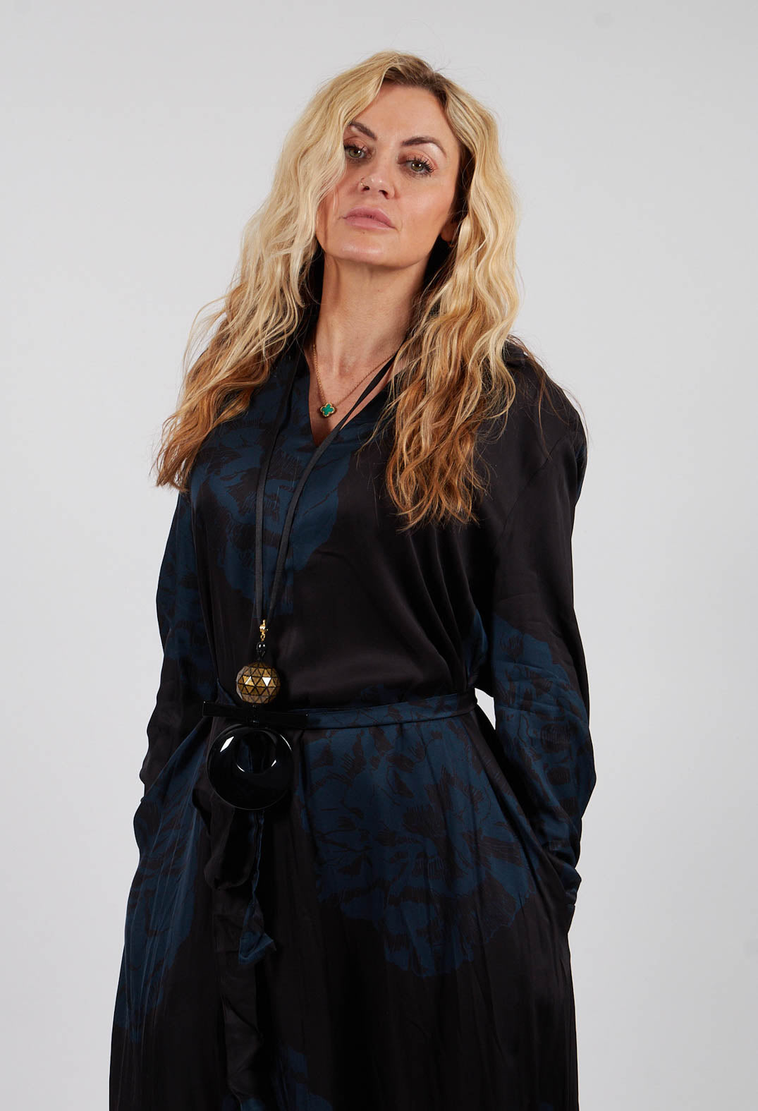 Belted Shirt Dress in Nero and Cobalto