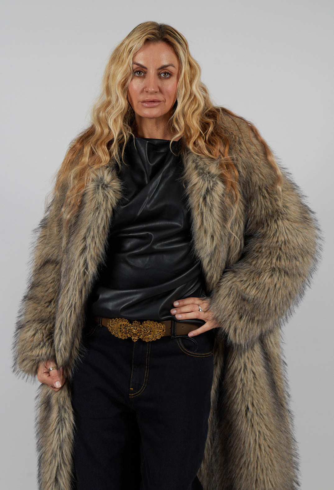 Longline Fur Coat in Cream Sfumato