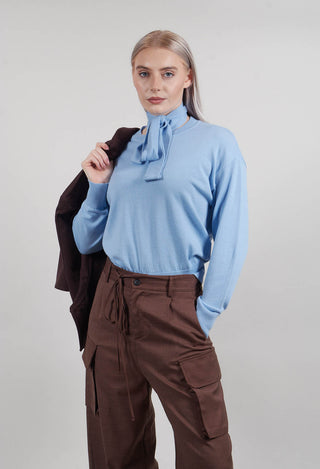 Crew Neck Jumper with Tie Neck in Breeze