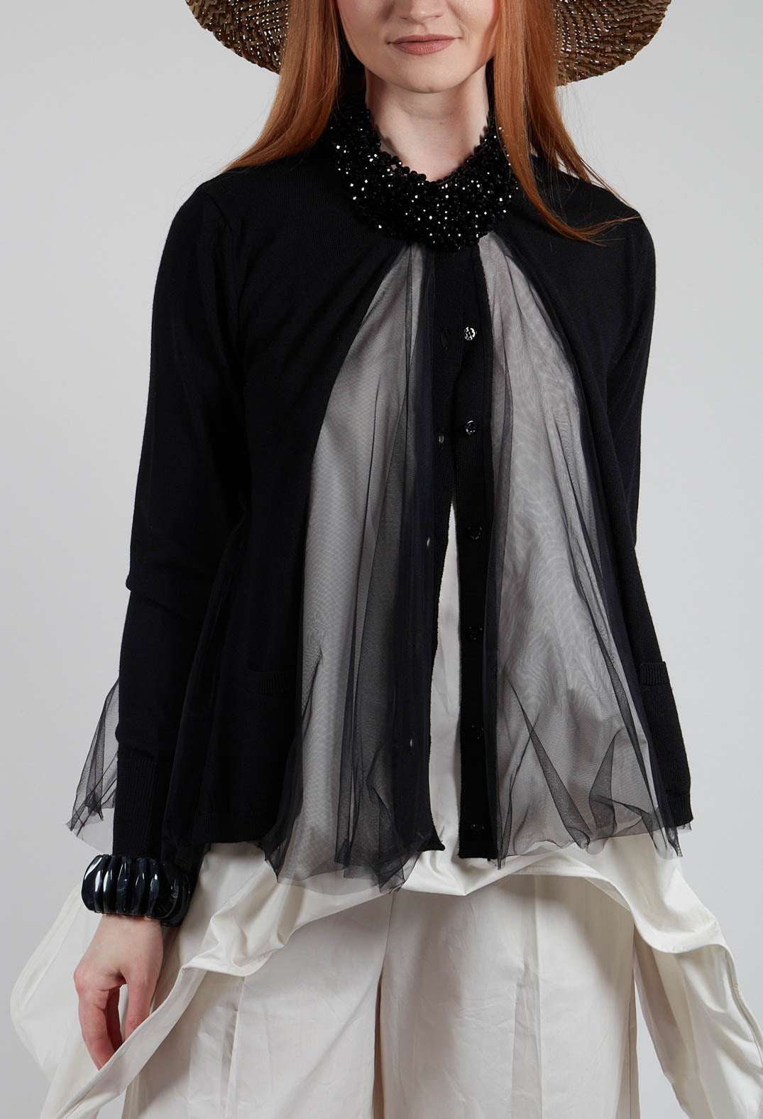 Mesh Insert Cardigan in Nero